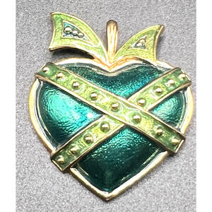 Signed ROLAND HEART Pendant Green Enamel Gold Brass Plated